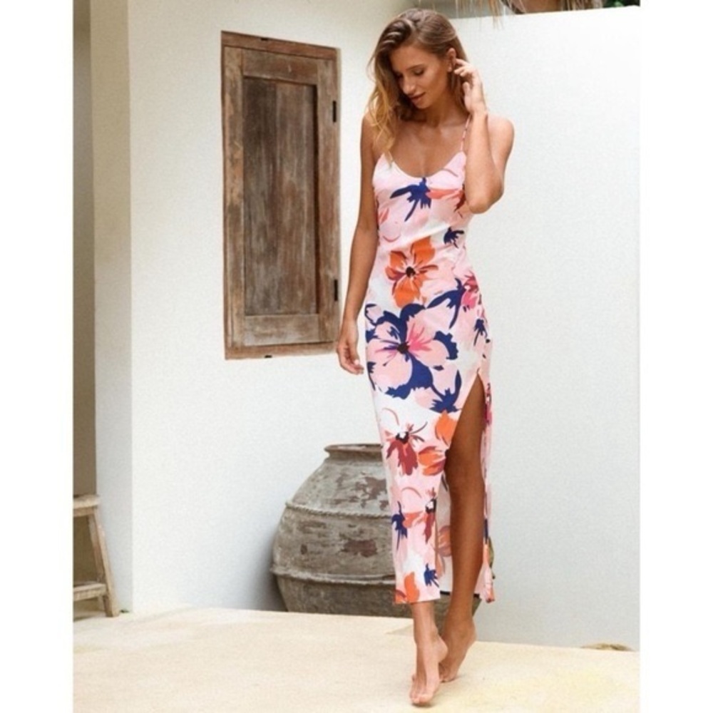 [le salty label] wylder floral slit strappy back midi beach dress mimosa pink M